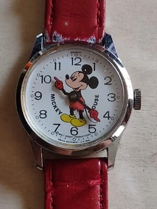 Vintage Bradley Wind Up Mickey Mouse Watch WORKING, Swiss Made, Leather Band - Picture 1 of 16