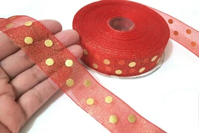 1" /25mm wide 50y Red w/ Gold Polka Dots Glitters Sheer Organza Ribbon OG1 - Image 1 of 4