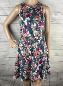 H&M Sundress Small Ivory Pink Teal Hawaiian Floral Print Fit and Flare Casual - Picture 1 of 12