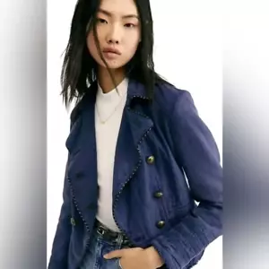 Free People Women Linen Blend Deep Blue Military Cadet Jacket Bronze Buttons XS - Picture 1 of 11