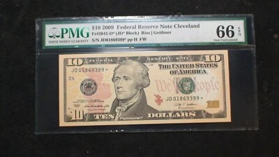 2009 CLEVELAND Ten Dollar PMG GEM UNC 66 EPQ Federal Reserve STAR NOTE $10 BILL - Image 1 of 4