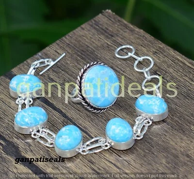 Lote de 2 piezas de joyas étnicas Larimar gemas combinadas en plata 925 forma mixta Foto 1 de 4