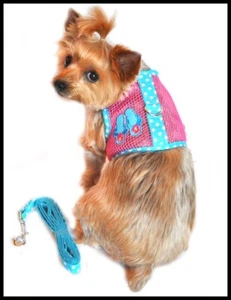 NWT Doggie Design Pink Blue Polka Dot Flip Flop Mesh Dog Harnes w/Leash S M L - Picture 1 of 8