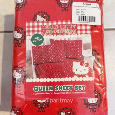 Juego de sábanas de algodón talla reina muérdago corona de Navidad Hello Kitty (NUEVO) Foto 1 de 2