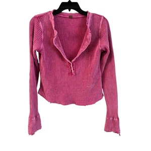 Free People One Colt Thermal Top Long Sleeve Pink Acid Wash Waffle Knit Medium - Picture 1 of 5