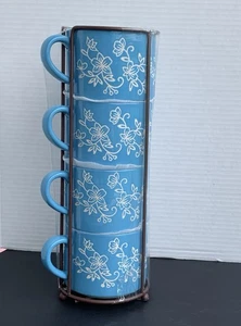 Temptations By Tara Floral Lace 14oz 4 Piece Mug Set With Stand Light Blue NEW - Picture 1 of 11