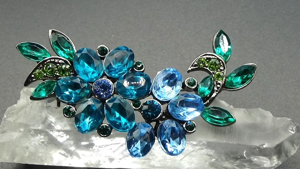 Monet Teal, Blue Navette & Round Rhinestone Gunmetal Pin / Brooch - Image 1 of 4