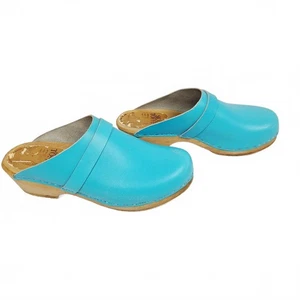 Swedish Skane Toffeln Blue Wood & Leather Slip On Clogs - Size 39 / US 8 - Picture 1 of 7