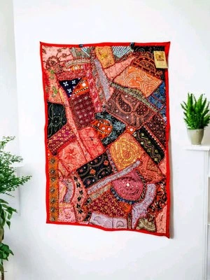 Boho Hand Embroidered Wall Art Decor Beaded Zari Indian Patchwork Red Tapestry  - Image 1 of 4