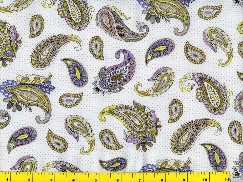 Purple & Yellow Leafy Paisley on Dotted White Quilting Fabric 1 Yard #532y - Image 1 of 1