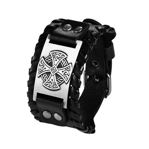 Mens Viking Norse Celtic Cross Bracelet Leather Cuff Wristband with Irish Amulet - Picture 1 of 10