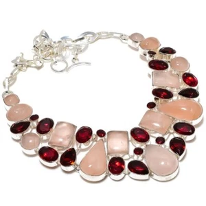 Natural Rose Quartz, Garnet Gemstone 925 Sterling Silver Necklace k127 - Picture 1 of 5