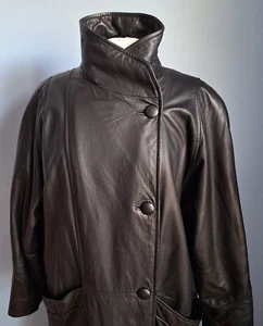 Donna Pelle Genuine Leather Double-Breasted Full Length Trench Coat BLACK sz L - Picture 1 of 9