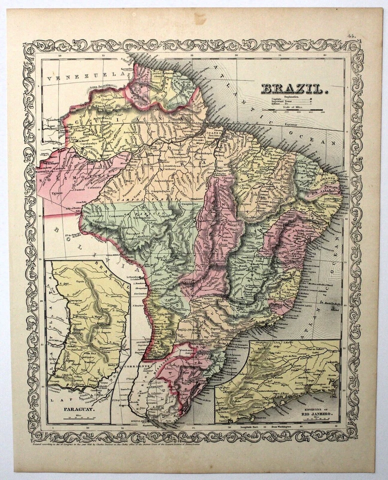 Mapa de Brasil 1857 Original Litografía Coloreada a Mano Atlas Plata Antiguo Foto 1 de 1