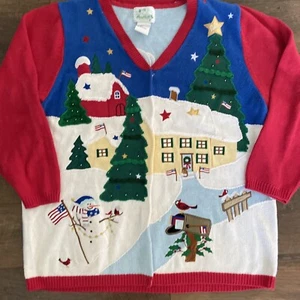Quacker Factory Sweater Cardigan Christmas Snowman Angels Americana 1X EUC C3 - Picture 1 of 9
