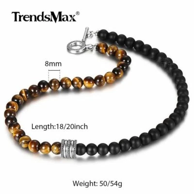 Collar de cuentas de piedra de jaspe ojo de tigre natural de acero inoxidable con dije de cierre de palanca Foto 1 de 4