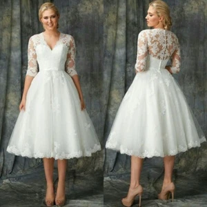 Vintage Wedding Dresses V Neck Tea Length Lace Appliques A Line Bridal Gowns - Picture 1 of 9