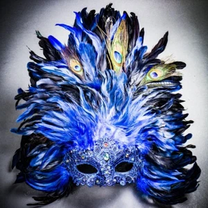 Blue Venetian Carnival Masquerade Top Feather Women Sexy Eye Mask Mardi Gras NEW - Picture 1 of 11