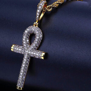 Mens Gold Plated Egyptian Cz Ankh Pendant Hip Hop With Rope Chain Necklace 