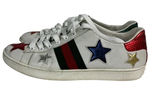 Gucci Ace Star Sneakers White & Metallic Red Green Patchwork Leather Size 37.5 - Picture 1 of 17