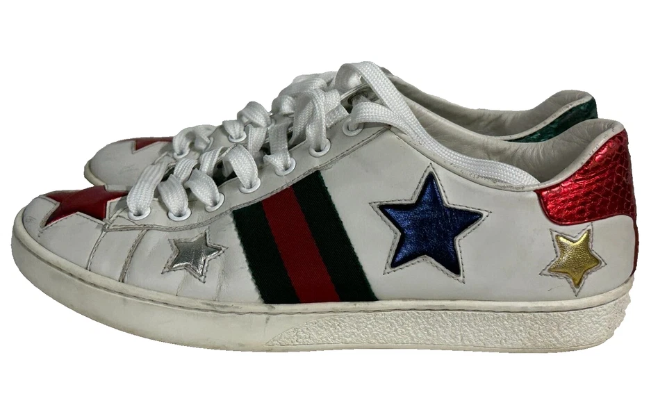 Zapatillas Gucci Ace Star Blanco y Metálico Rojo Verde Retazos Cuero Talla 37.5 Foto 1 de 4