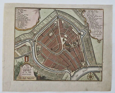 Gouda Holanda Holanda Jardines Holandeses c. 1740 de Leth mapa de la ciudad escudo de armas Foto 1 de 4