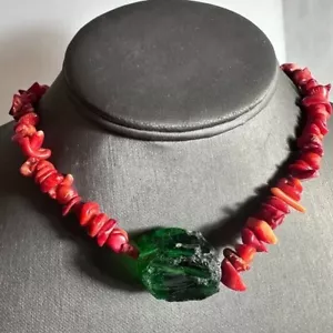 Green Sea Glass Red Coral Pendant Sterling Silver Necklace 925 Handmade Choker - Picture 1 of 11