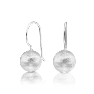 Chic Minimalist Sterling Silver Satin Brushed Round Ball Dangle Earrings - Picture 1 of 5