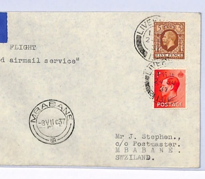GB KEVIII KGV MIXED FRANKING Cover 1937 SWAZILAND Last SURCHARGED Air Mail XF313 - Image 1 of 4
