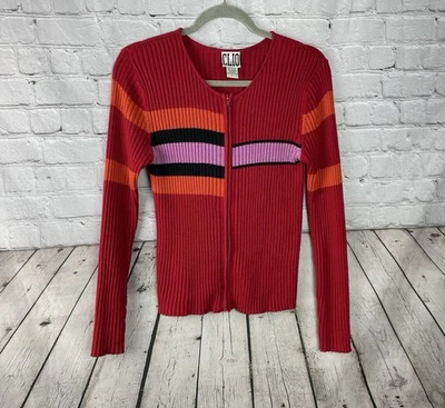 CLIO Vintage Y2K Zip Color block Stretch Striped Preppy Sweater Size Large EUC - Image 1 of 4
