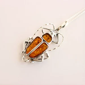 Baltic Amber Scarab Pendant Necklace in 925 Sterling Silver - Picture 1 of 8