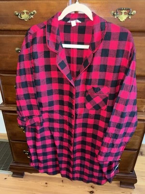 全新带标签 CHARTER CLUB 女式黑色红色布法罗格子法兰内尔礼服衬衫 XL — 第 1/4 张图片