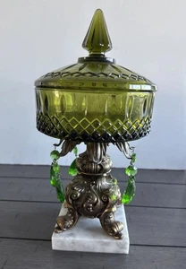 Avocado Green Glass Hollywood Regency Candy Dish Marble Base 12” Brass Footed - Picture 1 of 8