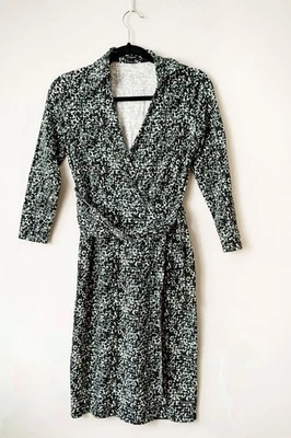 Ann Taylor Mujer Imitación Abrigo Vestido Mangas 3/4 Cuello Cinturón Jersey Estampado Animal Foto 1 de 4