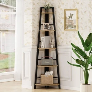 Corner Ladder Shelf, 5 Tier Metal Wood Corner Bookshelf, Tall Shelving Unit S... - Picture 1 of 8