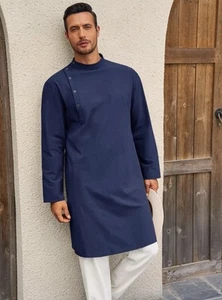Men'S Kaftan Thobe Robe Long Sleeve Cotton  Kurta Tops - Picture 1 of 7