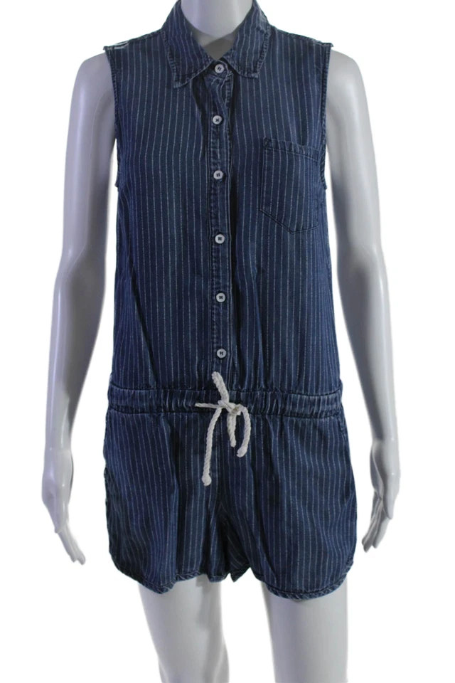Splendid Womens Striped Sleeveless Collared Button Up Romper Blue Size XS - Image 1 of 4