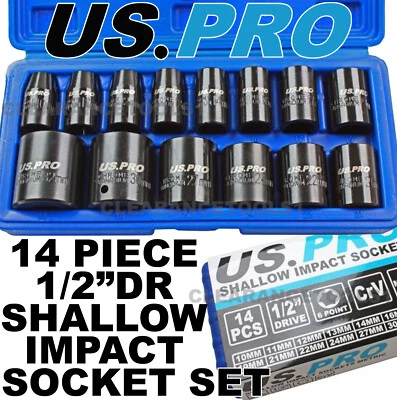 US PRO 14pc 1/2dr Shallow Metric Impact Sockets 10 - 32mm 1679 Stubby Impact Set - Image 1 of 4
