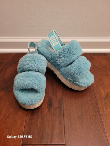 Ugg Oh Fluffita Pantofole Platform Pelle di Pecora Verde Chiaro Marea Piscina 8M Indossate Una Volta!