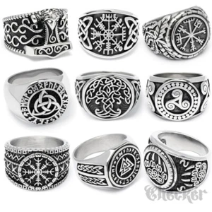 Edelstahl Wikinger Ring nordisch germanisch keltisch Schutz-Runen Mjölnir Biker - Bild 1 von 37