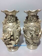 Collection old Tibet silver Vase Handwork carved dragon&Phoenix w Qianlong Mark