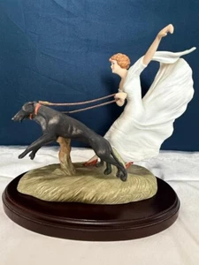 Louis Icart "Vitesse Figurine Woman w/Red Shoes & White Dress leading 2 Doberman - Picture 1 of 13