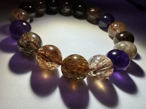 12mm Natural Purple Super 7 Purple Hair Rutilated Crystal Beads Bracelet - Picture 1 of 5