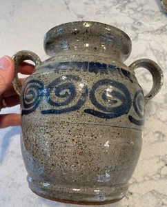 Stoneware Pottery Vase w/ Side Handles Grey Base Blue Graphics 7” H x 8” W Mark - Picture 1 of 7