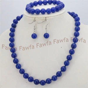 6/8/10/12mm Blue Jade Round Gemstone Beads Necklace Bracelet Earrings Set - Picture 1 of 7