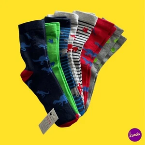 V BY VERY Boys' Dinosaur Socks, 7-Pack, Crew Length, Multi, UK 9–12 Years - Picture 1 of 3