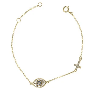 14K Gold  VS/F-G Diamond And Blue Sapphire Evil Eye And Cross Charm Bracelet - Picture 1 of 3
