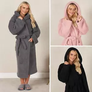 Teddy Fleece Long Dressing Gown Ladies Warm House Coat Hooded Long Cosy Robe - Picture 1 of 17