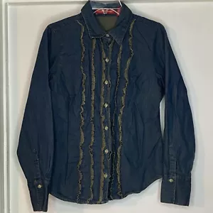 Gloria Vanderbilt Denim Button-Down-Shirt Medium M Baumwolle Damen blau Rüsche - Bild 1 von 6