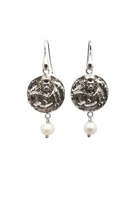Orecchini Earring pendente Leone "in moeca" Argento 925 rodio Perla naturale. - Immagine 1 di 3